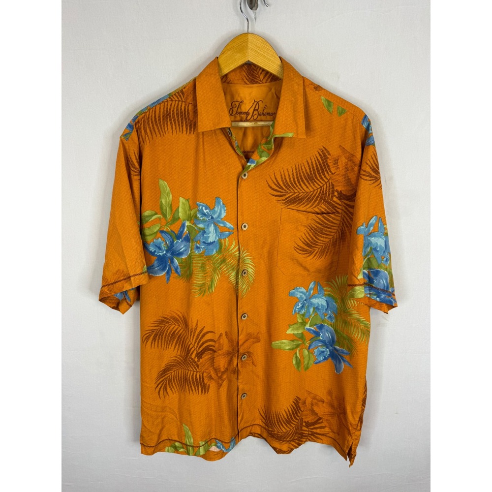Tommy Bahama Mens Large Orange Silk Floral Palm Tropical Camp Shirt Short Sleeve